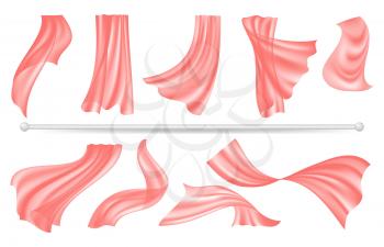 Curtain rod and window textile decoration. Red flying silk transparent fabric, realistic isolated interior design vector elements. Fabric curtain, decoration interior wave, satin classic illustration
