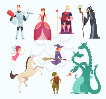 Fairy tales heroes. Witch wizard princess dragon funny characters in cartoon style vector set. Fantasy cartoon character, dragon and sorcerer illustration. Fantasy princess, medieval magic knight