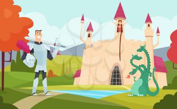 Fairy tale background. Outdoor fantasy landscape with funny magical characters vector cartoon world. Fairy castle landscape, imagination magic dragon illustration