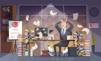 Busy businessman. Office manager hard work deadline stress chaos interior vector cartoon concept. Businessman busy, workplace office, employee chaos working illustration