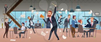 Angry boss. Businessman screaming in office chaos deadline stress managers working and running vector concept background. Businessman angry, man boss burnout, stress employee illustration