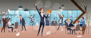 Angry female boss. Deadline corporate processes managers problem running in stress workplace office vector background. Boss in office, worker and businesswoman, workplace illustration