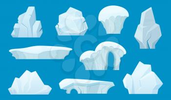 Iceberg cartoon. Antarctic ice white rocks winter landscape snow vector set. Ice rock, iceberg in antarctic, glacier mountain illustration