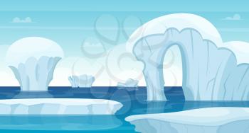 Ice rocks background. North pole landscape white iceberg in ocean winter cold outdoor travel concept vector. Ice mountain in ocean water, white winter nature illustration