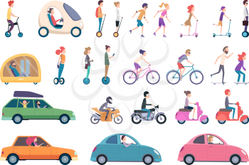 City transport. People driving cars scooter bike hoverboard segway urban activity people lifestyle vector set. Urban active, drive and scooter, ride transportation illustration