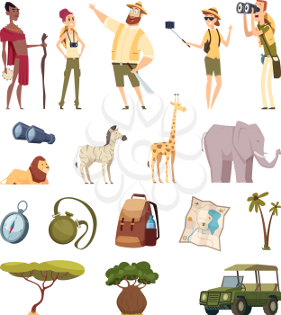 Travel safari. African wildlife adventure elements jungle animals cars compass bag pack. Illustration africa journey, elephant and native man, wildlife safari vector