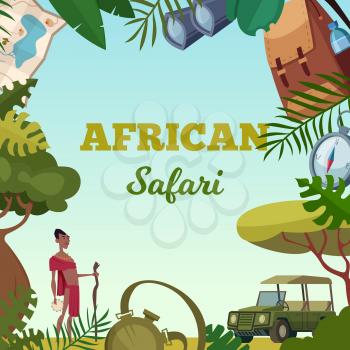 Safari frame. African tour travel concept for adventure brochure background jungle wild animals cars and various items. Safari tropical savannah, african wildlife expedition and travel