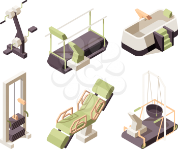 Rehabilitation center. Training equipment for disabled people medical healthy clinic assistant exercise people professional treatment vector isometric. Illustration rehabilitation, medical therapy