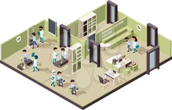 Rehabilitation clinic. Nurse helping patient professional person treatment physical exercise for disabled vector isometric interior. Medical hospital, doctor patient, physiotherapy illustration