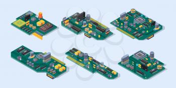Motherboard isometric. Computer manufacturing small chip microscheme plate semiconductor electronic parts vector set. Motherboard isometric, equipment component microchip for hardware illustration