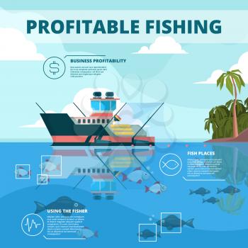 Fishing boats background. Ocean water fisher ship vector infographic picture. Fishing boat, marine nautical vessel industrial illustration