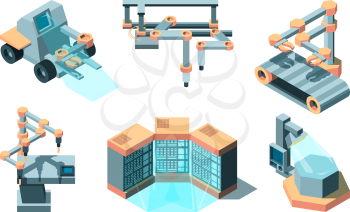 Smart industry isometric. Machine future robotic technologies computing 3d remote production vector pictures set. Illustration smart machine, industry manufacturing, automation machinery