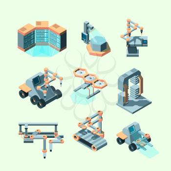 Industry isometric. Smart machinery robotic remote control production processes electronic equipment intellegence tools vector pictures. Illustration automation machinery, isometric manufacturing