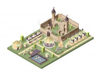 Amusment park. Isometric attractions with medieval castle circus ferris wheel and roller coaster vector fun landscape. Amusement park, carousel and castle isometric