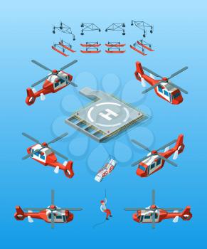 Helipads. Helicopter isometric vector civil aviation set urban transport. Illustration helicopter with lifeguard, transport isometry aviation
