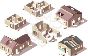 Abandoned buildings. Isometric broken houses city ruined objects vector architectural objects set. Abandoned isometric building architecture, ruin construction outdoor illustration