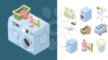 Laundry service. Powder detergent iron soap towel cleaning isometric washes tools vector. Illustration laundry and household, housework service, cleaning washing