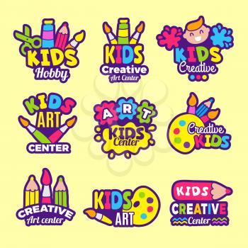 Creativity kids logo. Craft emblems or badges children paintings art class drawing vector symbols. Art craft school, for children, creativity painting class illustration