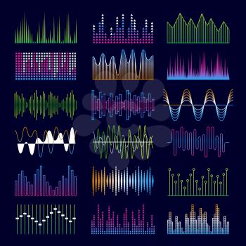 Sound waves. Music symbols equalizer shapes signal voicepulse vector templates. Sound audio voice, soundwave equalizer music illustration