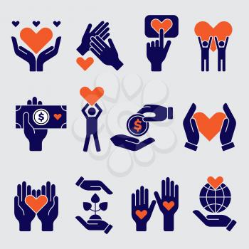 Volunteers icon. Hands hearts donation charity natural symbols of goods vector people volunteers. Illustration suppor and donation, hope and assistance togetherness