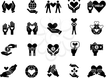 Philanthropy set. Contribute love volunteers goods charities hands with hearts vector conceptual symbols. Love charity care, support and philanthropy illustration