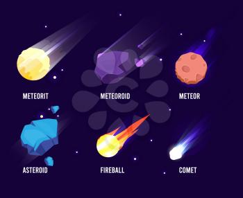 Space objects. Glowing universe astronomy set meteor asteroid vector comets collection in cartoon style. Asteroid space galaxy, comet cosmic and colored meteor illustration