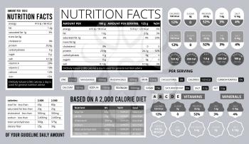 Nutrition facts info. Food natural ingredients on package sticker health nutrition table sugar protein carbohydrates balance vector. Illustration info nutritional, facts food percentage