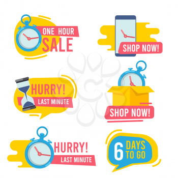 Countdown badges. Promotional hot offers fast sales fire emblem big deals vector marketing stickers collection. Stopwatch and countdown, promotion minute badge illustration