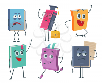Books characters. Cartoon funny faces of old books opened and closed vector mascot collection. Childish smile books, school mascot expression