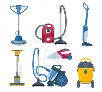 Vacuum cleaner. Modern automatic electrical gadgets for cleaning service vector cartoon set. Vacuum electric appliance, domestic housework device illustration