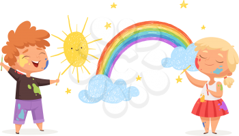 Kids draw rainbow. Happy little artists painting sun clouds vector funny childrens. Artist adorable with paintbrush, creativity rainbow and sun illustration