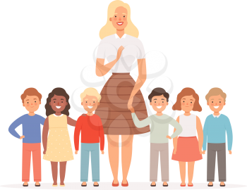 Teacher with kids. Group of young pupils standing in school with their young teacher vector education concept. Schoolchild kindergarten, childhood school with teacher illustration
