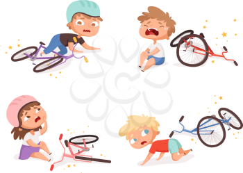 Bike accident. Kids fallen damaged bicycle broken transport children accidents helping person vector characters. Set of accident by bike, illustration child crying after fall
