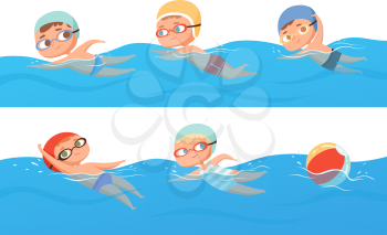 Kids swimming. Happy children water sport in pool summer swimming classes vector collection set. Happy boy abd girl in pool, people swimmer illustration