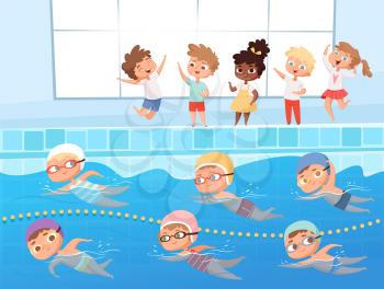 Swimming competition. Kids water sport swimming race in pool vector cartoon background. Illustration swim competitive and recreation, competition swimmer illustration