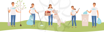 Volunteers people. Adults and kids cleaning weather caring nature and homeless social works vector characters. Nature volunteering, environment rubbish illustration