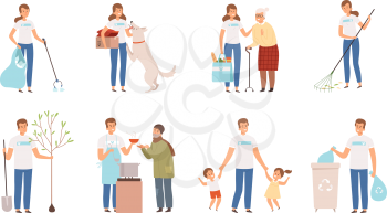 Volunteers characters. People social working and donation care weather protection of disability persons old man vector. Illustration help volunteer, social care service, community volunteering