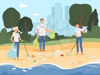 Volunteers working. People social work together team of characters protect nature garbage processing in park vector background. Social volunteer community, processing collect rubbish illustration