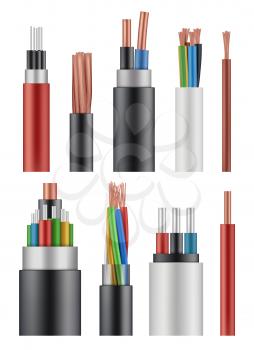 Optical fiber cord. Electricity wireless energy power cable close up vector realistic picture. Illustration realistic multicore wire, optical network colorful