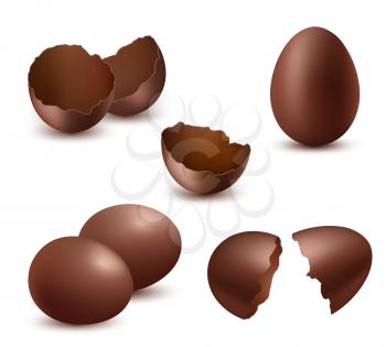 Chocolate eggs. Tasty food sweet shiny natural delicious products for kids happy easter symbols vector realistic collection. Easter chocolate egg, surprise dessert seasonal illustration