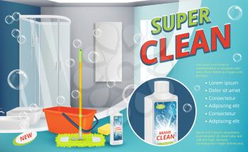 Cleaning agent. Advertizing placard power cleaning spray for surface shower room sanitation dust equipment vector realistic background. Hygiene surface, bathroom detergent, bottle cleaner illustration