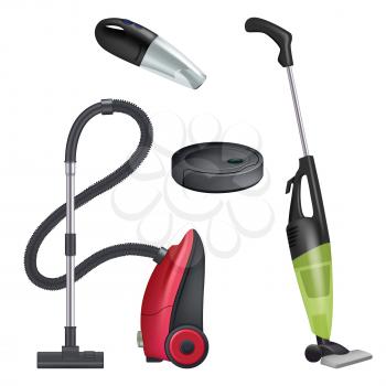Vacuum cleaner. Realistic equipment for cleaning service modern automatic cleaner vector collection. Wireless gadget, vacuum appliance, domestic housework illustration