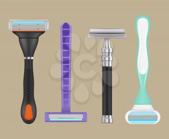 Razors realistic. Woman depilation items shaving razors vector collection of blades. Razor and blade tool for cut hair and hygiene illustration