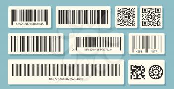 Barcode labels. QR identification, sale information. Barcodes stickers vector set. Bar identification strip, inventory retail barcode, label packaging illustration