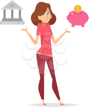 Budget planning. Money saving problem. Woman thinking how save finance and choose between bank and piggy bank vector illustration. Business economy, profit financial budget, saving decision