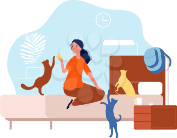Cats with woman. Young girl with pets in bedroom. Home animals, kittens and female vector illustration. Cat in bedroom, character with kitten