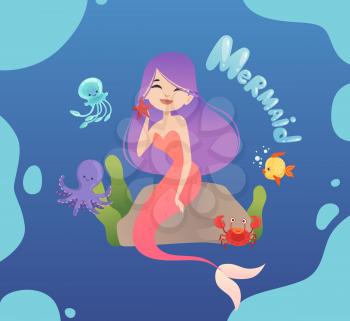 Cute mermaid. Happy sea princess sitting on stone, poster. Jellyfish, octopus and fishes vector illustration. Princess sea underwater, mermaid pretty