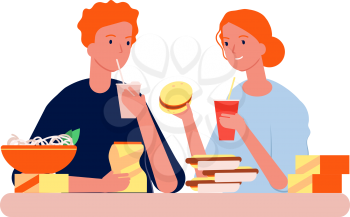 Food addiction. Man woman with junk eating. Hungry people eat burgers, hot dogs and chips vector illustration. Woman and man with junk food, bad addiction fast food