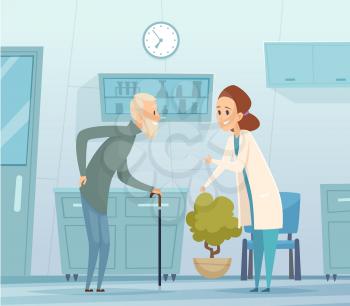 Medicine for elderly. Geriatrics, old man and doctor. Hospital visit, medical facility and nurse with patient vector illustration. Medical senior, health hospital, physician consultation