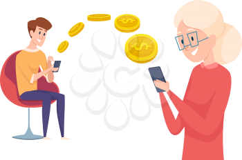 Money transfer. Boy send pay with phone. Financial assistance to parents or grandmother vector concept. Illustration finance transaction, business banking electronic